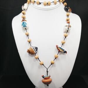 Hand Painted Clay Beaded Necklace, Southwestern Pendants, 1980s Vintage Jewelry